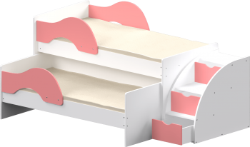 Кровать детская Матрешка выкатная с лестницей  Белый/Розовый в Дубинино - dubinino.mebel54.com | фото
