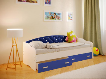 Кровать Софа-7 с мягкой спинкой со стразами (800х2000) Белый/Синий в Дубинино - dubinino.mebel54.com | фото