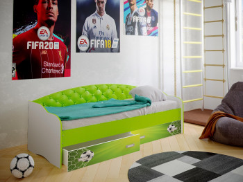 Кровать Софа-8 с мягкой спинкой фотопечать Футбол (900х2000) Белый/Лайм в Дубинино - dubinino.mebel54.com | фото