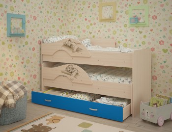 Кровать выкатная Радуга-Сафари детская 1600 Млечный дуб/Голубой в Дубинино - dubinino.mebel54.com | фото